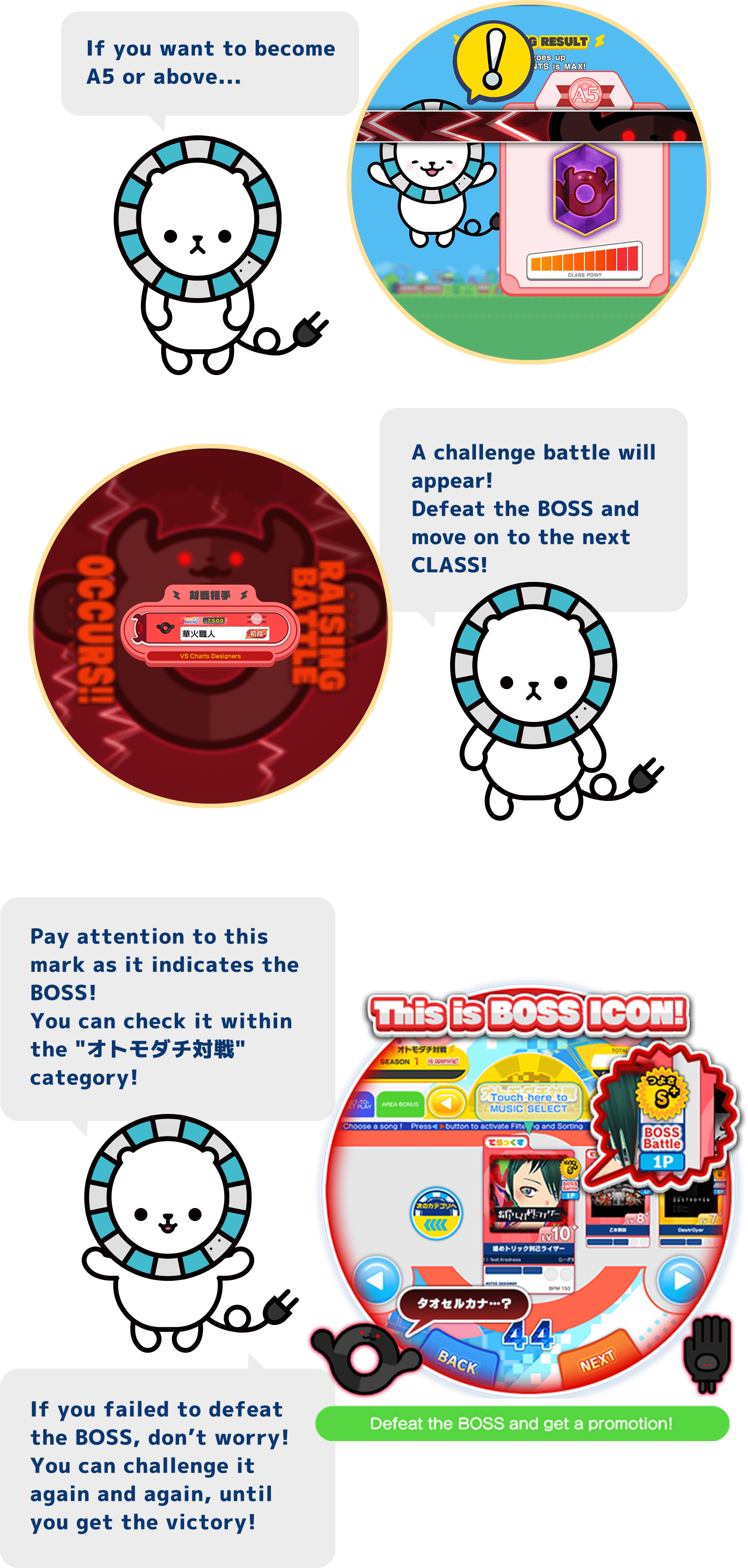 If you want to become
          A5 or above...
          A challenge battle will appear!
          Defeat the BOSS and
          move on to the next CLASS!
          Pay attention to this mark as it indicates the BOSS!
          You can check it within the "オトモダチ対戦" category!
          If you failed to defeat the BOSS, don't worry!
          You can challenge it again and again, until you get the victory!